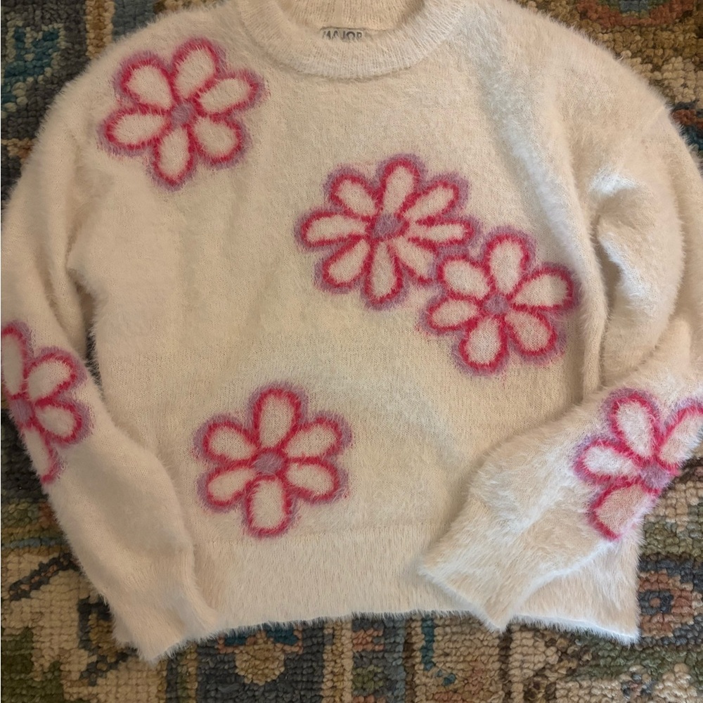 Floral Fuzzy Sweater in White and Pink